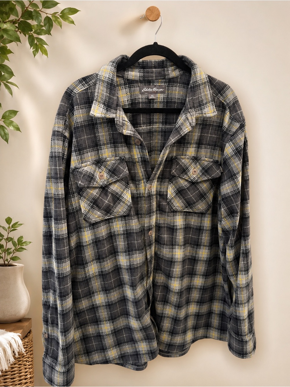 Eddie Bauer Gray FLANEL Plaid Button-Up Shirt with Yellow Accents XL